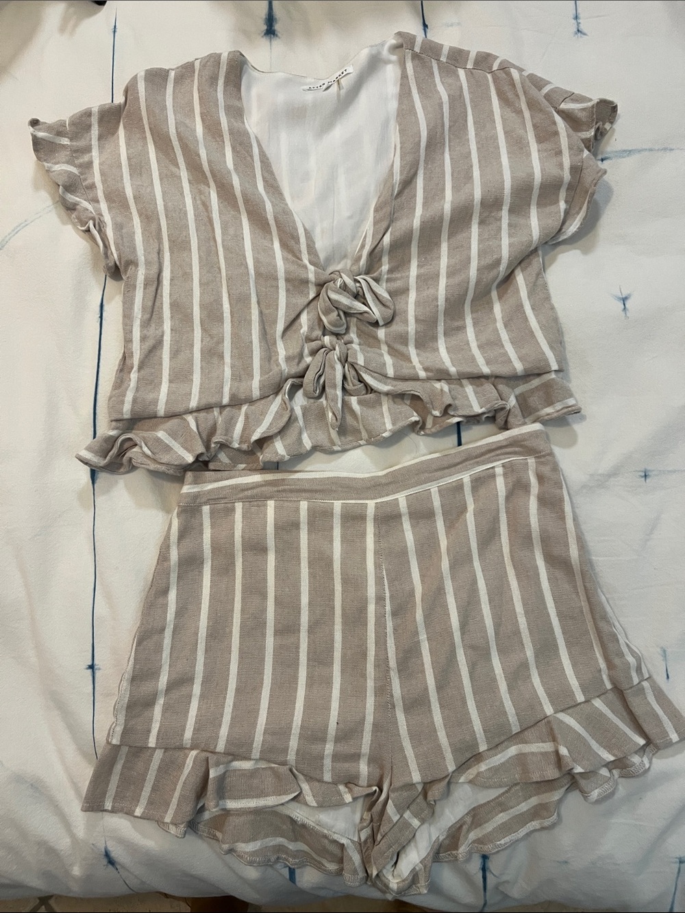 After Market Beige & White Striped Tie-Front Ruffle Shorts Set